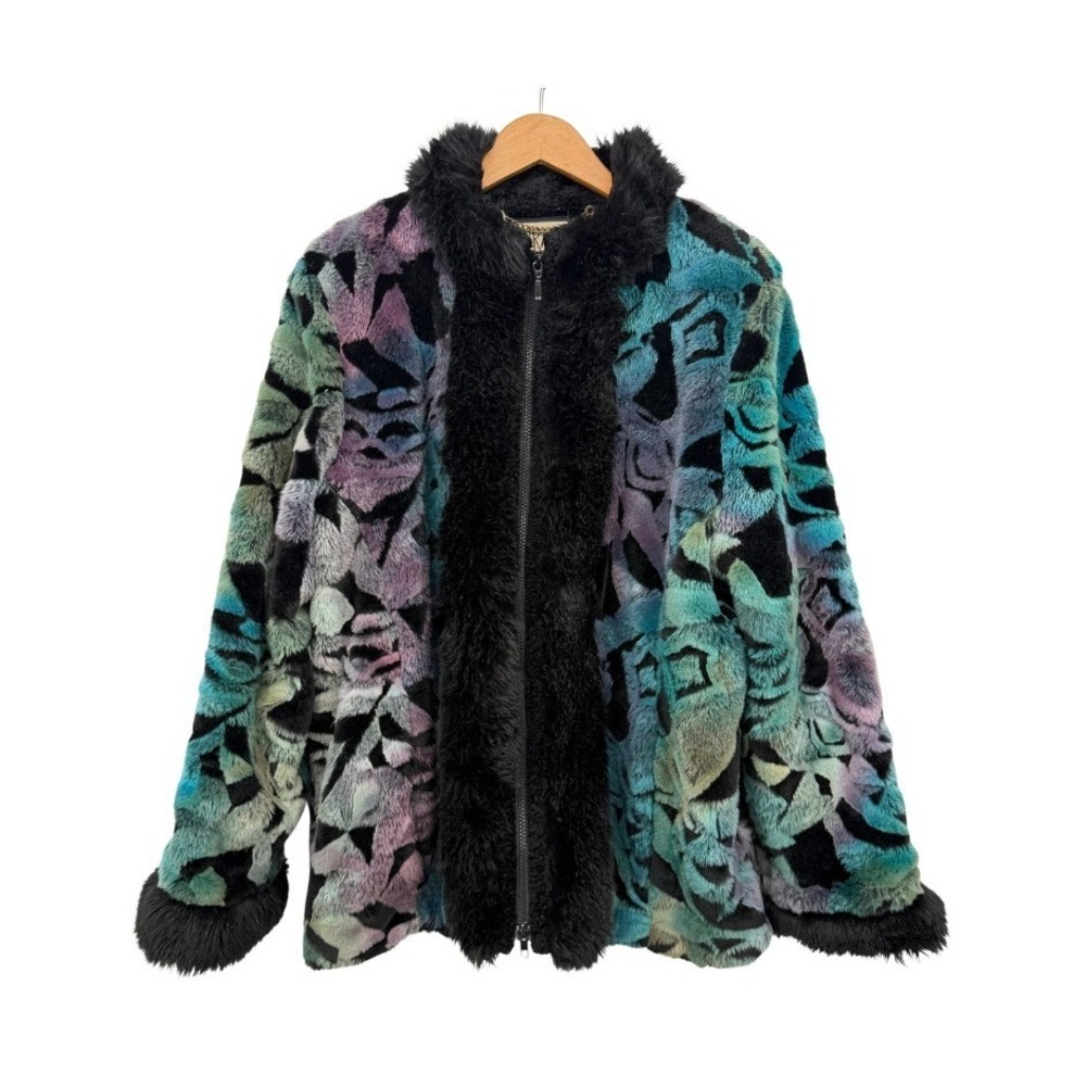 Wraps by Canvasbacks Faux Fur Jacket Abstract Mod Retro Statement Size Large